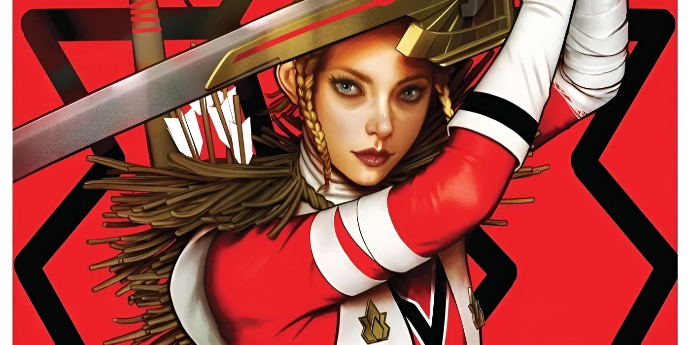 Red Ranger poses with her sword against a red background.