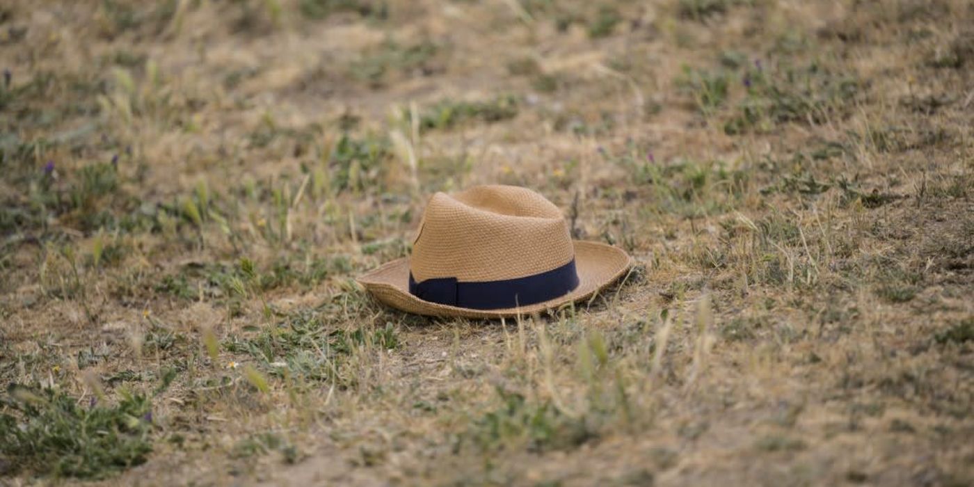 Red's hat (James Spaders) sitting on an empty field where he died at the end of the black list.