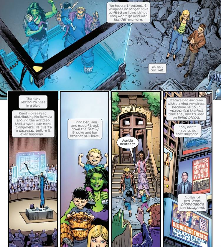 Reed Richards shares his solution to vampire hunger with the world and gives them a victory over Doom's anti-vampire propaganda