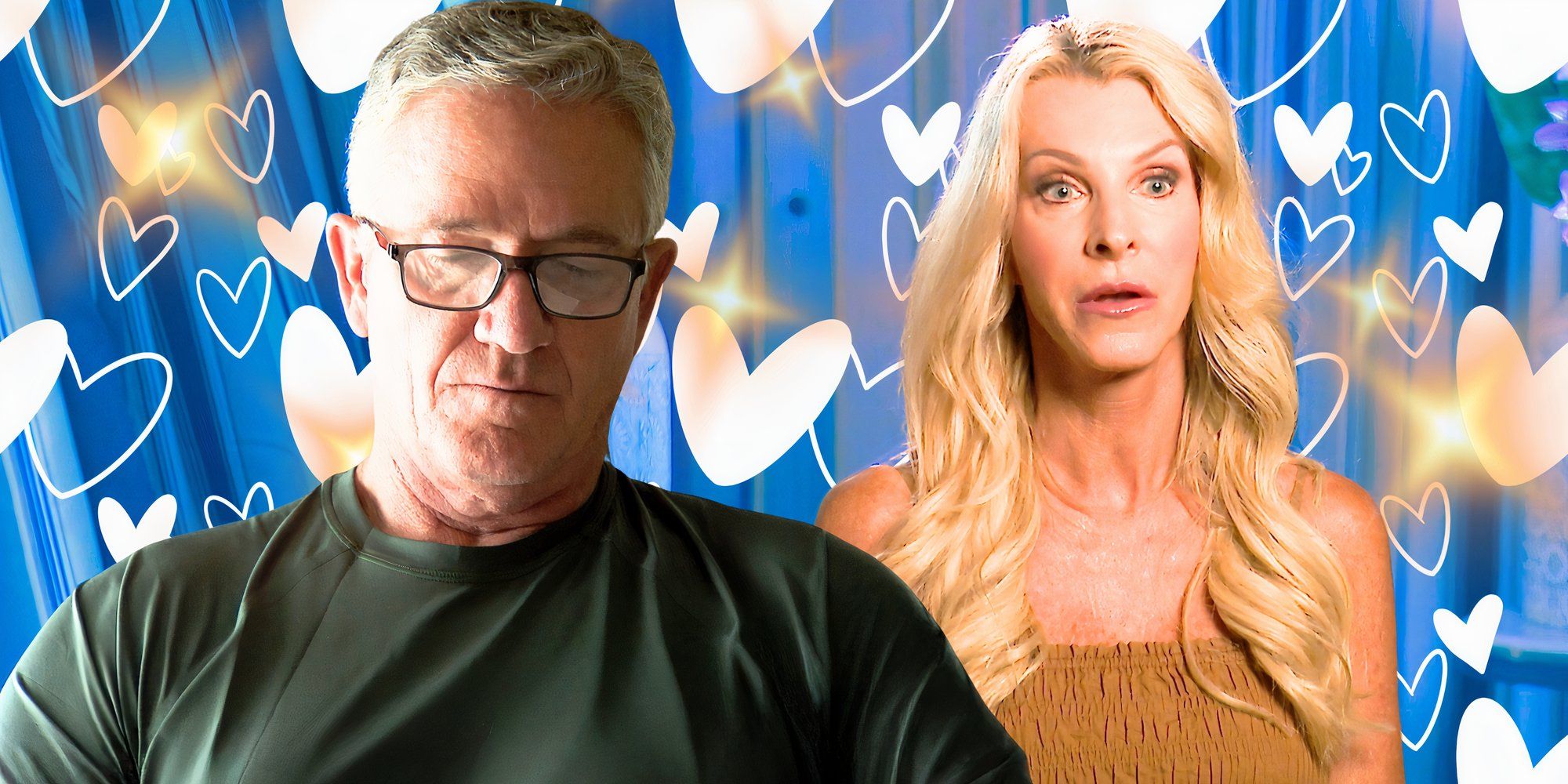 The Golden Bachelorette&rsquo;s Chock Chapple&rsquo;s looking down wearing glasses with Joan Vassos looking nervous