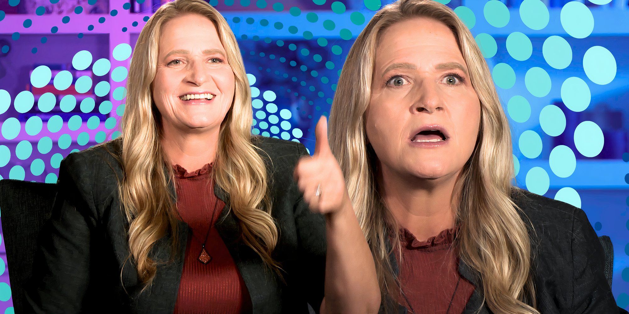 montage of Christine Brown from Sister Wives looking happy and worried with a blue-dotted background