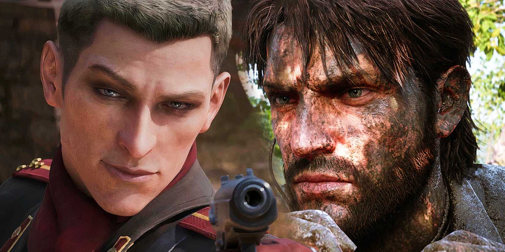 Revolver Ocelot apontando a arma para a câmera enquanto a Snake Naked olha em uma colagem de capturas de tela do Metal Gear Solid Delta Snake Eater.