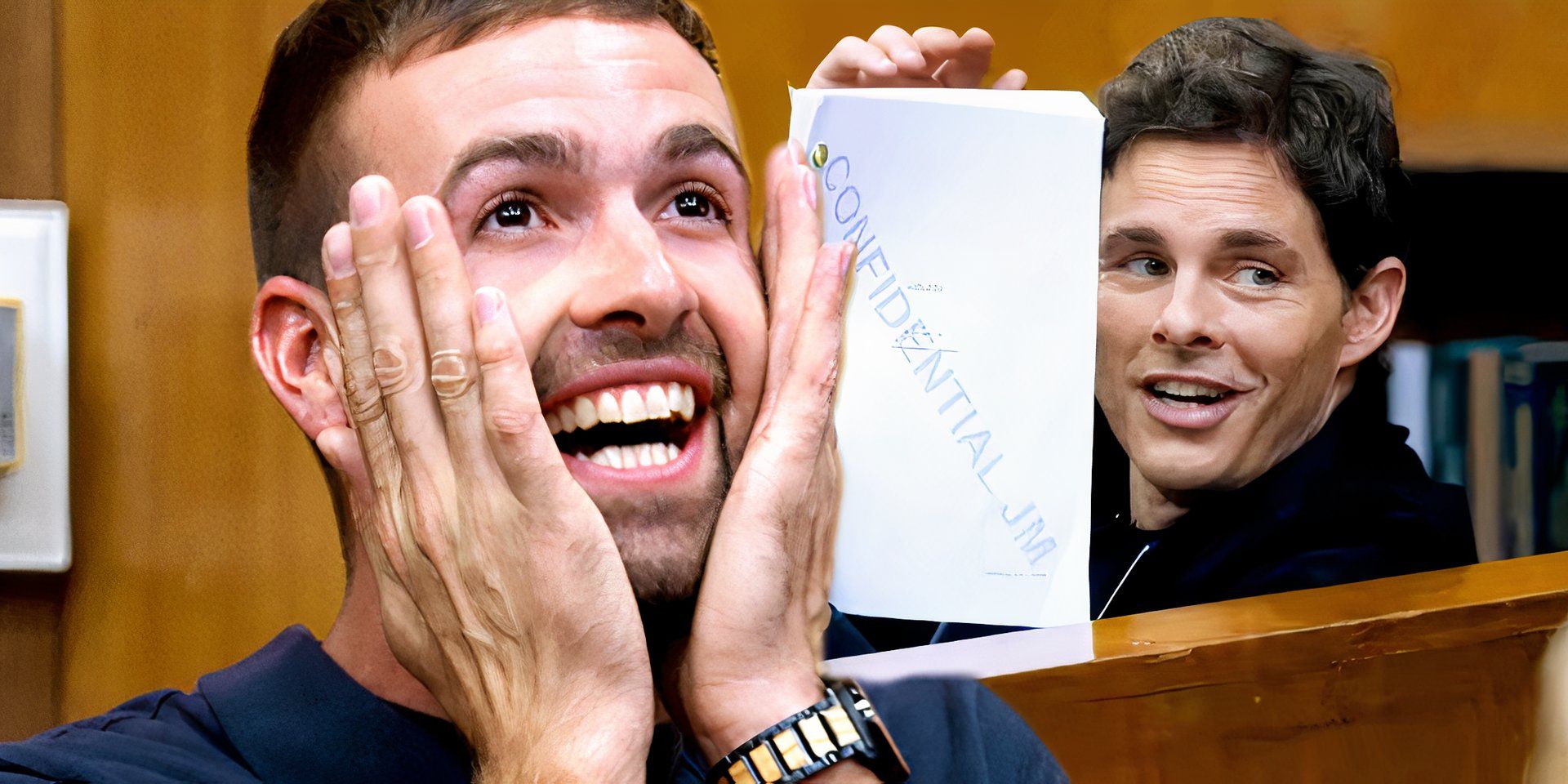 Richard is very excited and happy while James Marsden shows his script in Jury Duty
