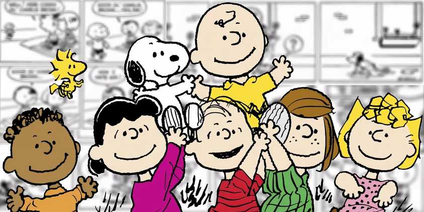 Charlie Brown and Snoopy being hoisted up by the other members of the Peanuts Gang.
