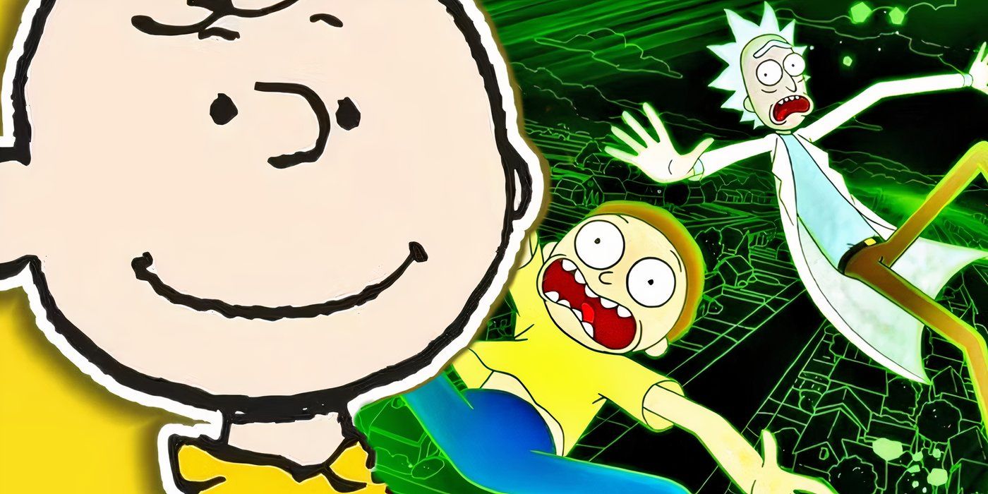 Peanuts' Charlie Brown smiling while Rick and Morty fly through cyberspace behind him.