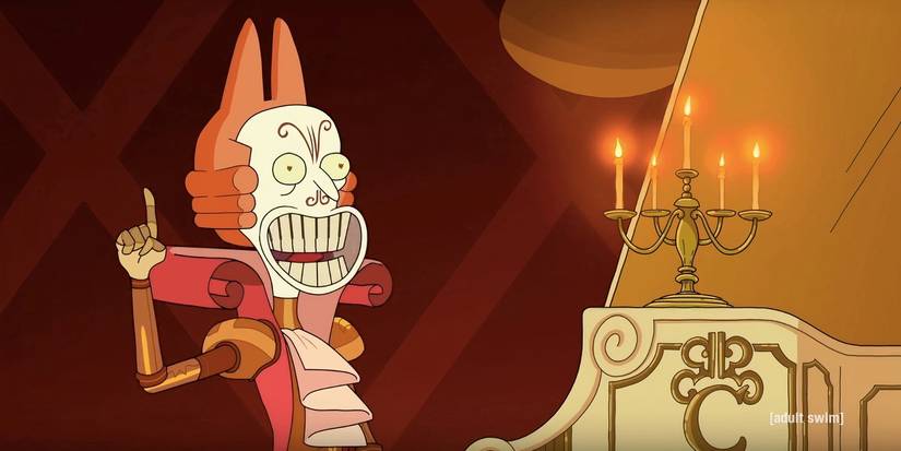 Rick and Morty's Concerto sitting at his piano, pointing a finger in the air, smiling.