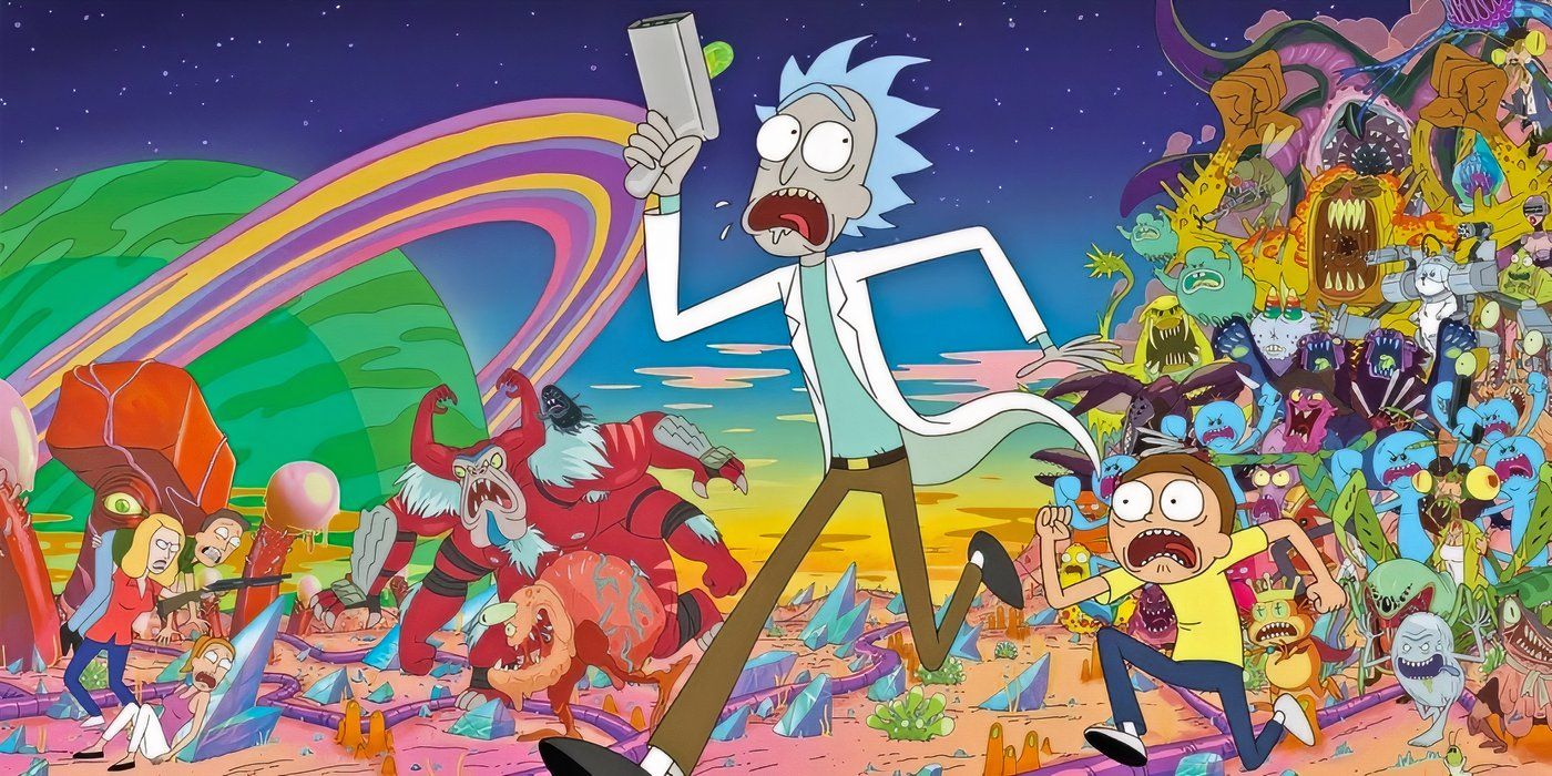 Rick and Morty running away from a horde of their villains.