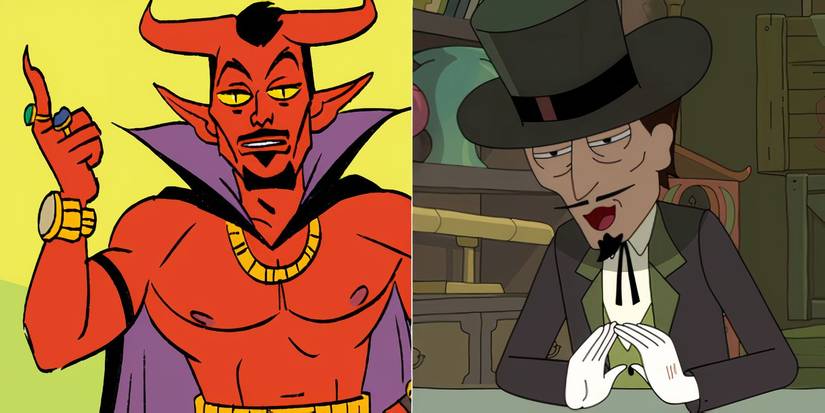Split image of Satan and Mr. Needful from Rick and Morty.