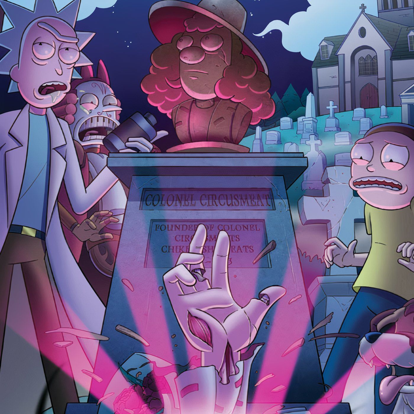 Rick and Morty watching a zombie climb out of its grave.