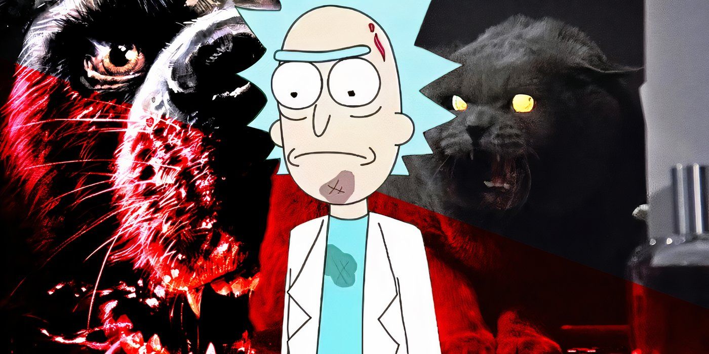 Rick and Morty&rsquo;s Rick with Cujo and the Pet Sematary cat behind him.