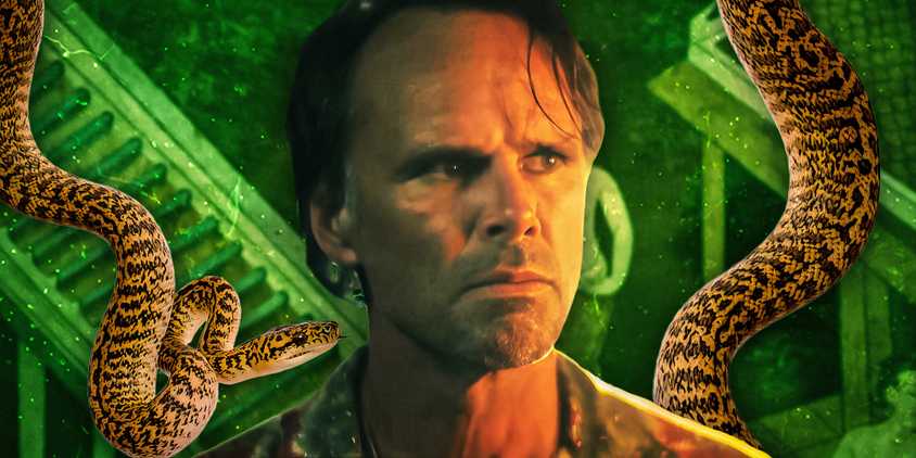 Walton Goggins as Rick looking angry in The White Lotus season 3 (2025) above a background of snakes and snake cages