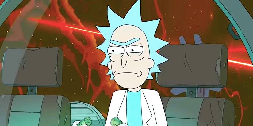 Rick frowns while piloting a spaceship in Rick and Morty