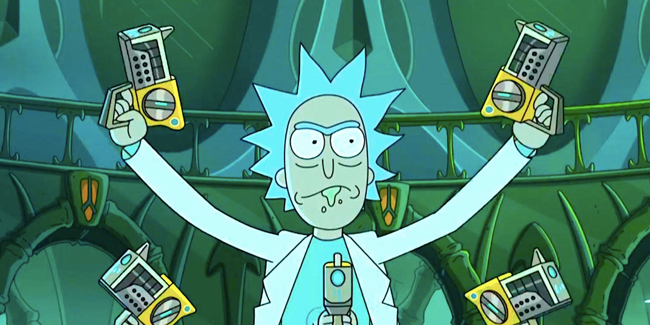 Rick holds up four ray guns in Rick and Morty season 4