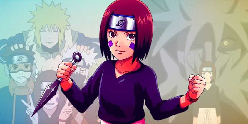 Rin holding a Kunai with a smile. Behind her, a photo from her team and Isobu can be seen.