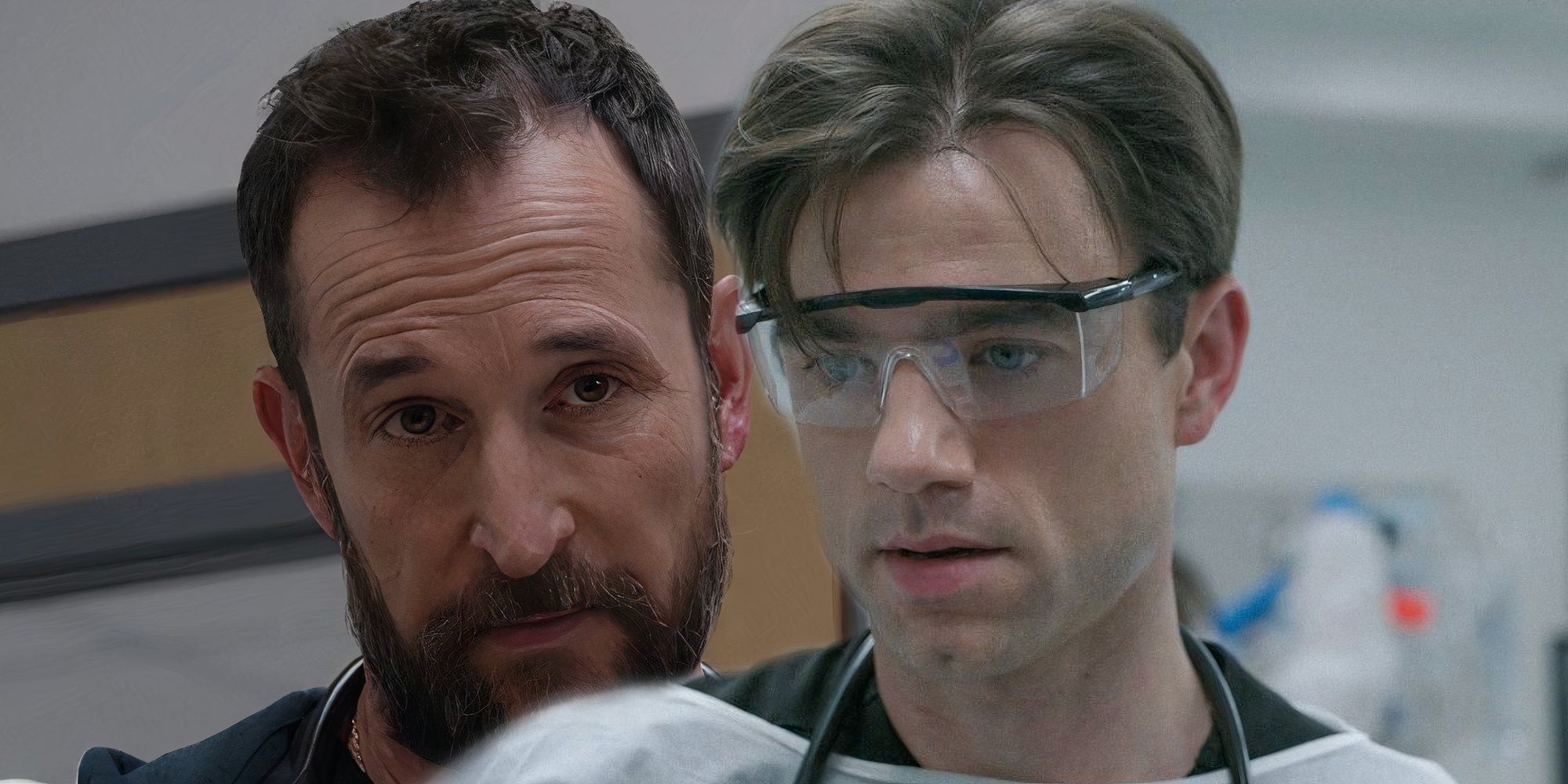 Robby looking grim next to Langdon looking worried in The Pitt