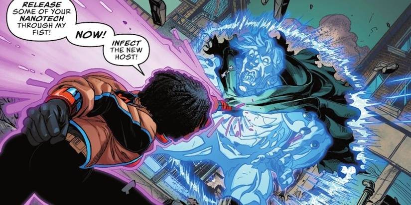 Rocket Raquel Ervin uses her new nanotech superhero costume to defeat Edwin Alva in Milestone Universe The Shadow Cabinet #4