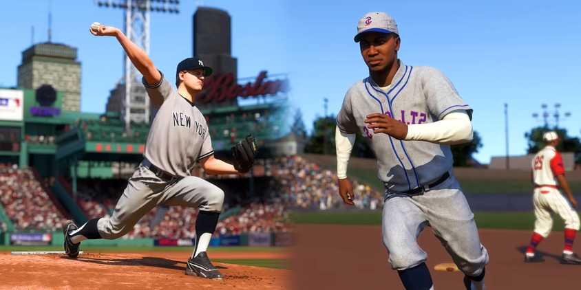 Roger Clemens throwing a pitch while James _Cool Papa_ Bell runs the bases in a collage of screenshots from MLB The Show 25.