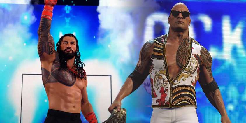 Roman Reigns and the Rock making entrances in screenshots from WWE 2K25.
