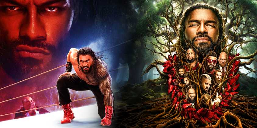 Roman Reigns kneeling in ring juxtaposed with the Bloodline family tree from the cover art of WWE 2K25.