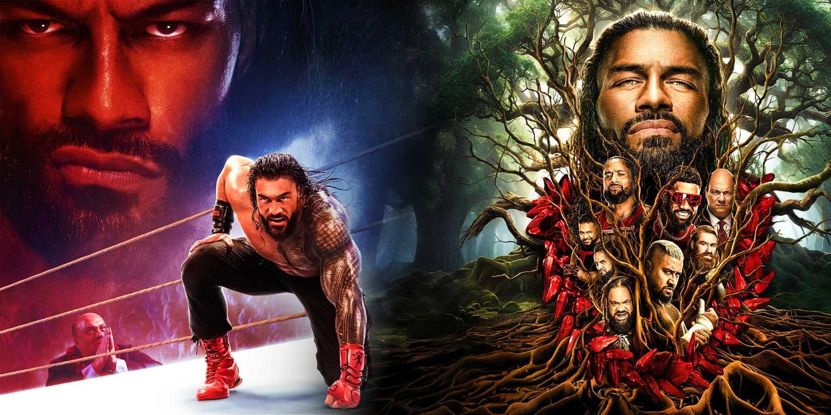 Roman Reigns kneeling in ring juxtaposed with the Bloodline family tree from the cover art of WWE 2K25.