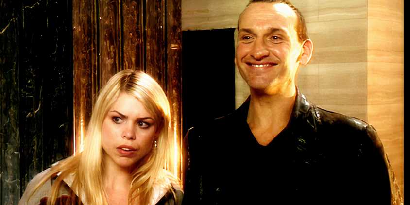 Rose and the Ninth Doctor staring at something in Doctor Who