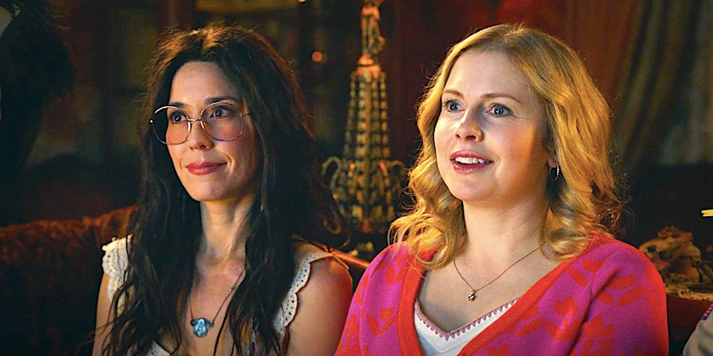 Rose McIver&rsquo;s Sam and Sheila Carrasco&rsquo;s Flower sit on a couch in Ghosts season 4 episode 10