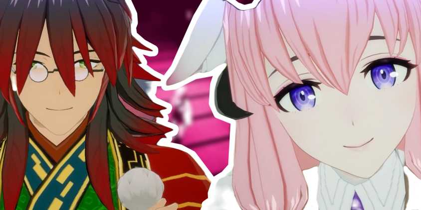 Rune Factory Guardians of Azuma Hina and Kurama looking at the player in front of pink background.