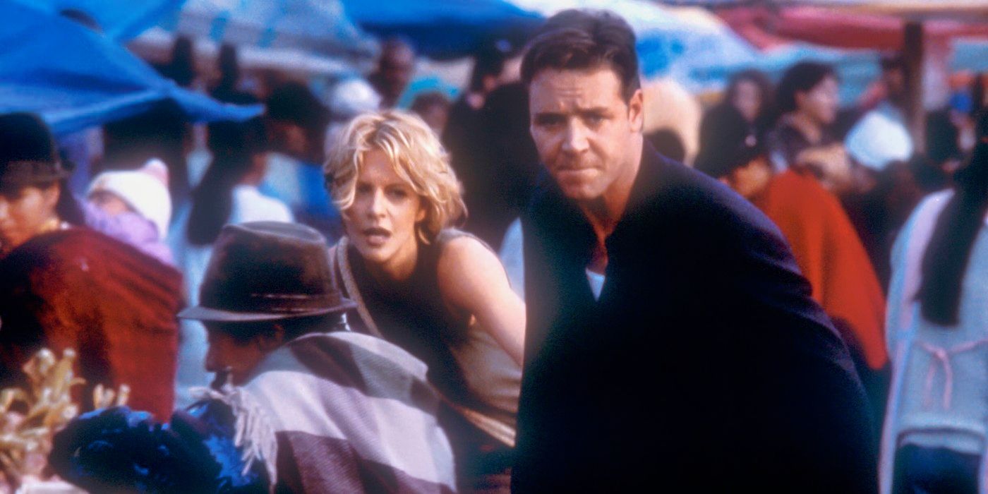 Russell Crowe and Meg Ryan moving through a crowd in Proof of Life