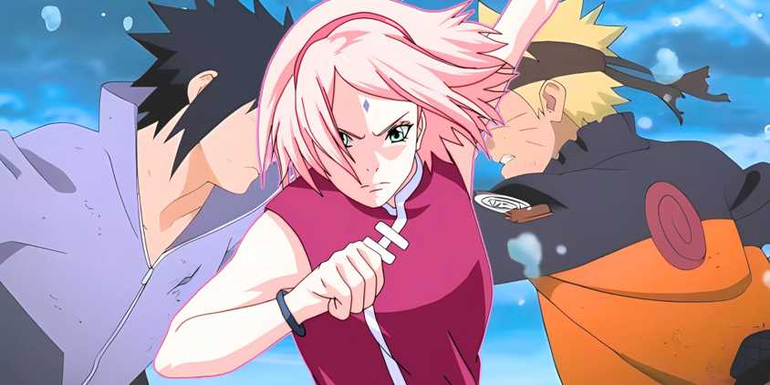 Sakura's appearance in Boruto while looking fierce with Naruto and Sasuke fighting in the background.