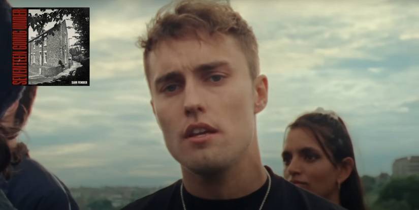 Sam Fender in the Seventeen Going Under music video singing to camera with the album art in the upper left hand corner