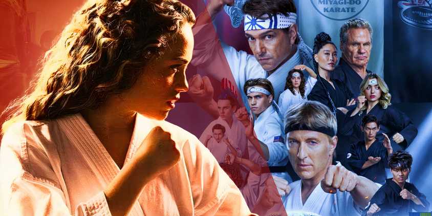 Sam LaRusso in a fighting stance next to the poster for Cobra Kai season 6, part 3 (2025)