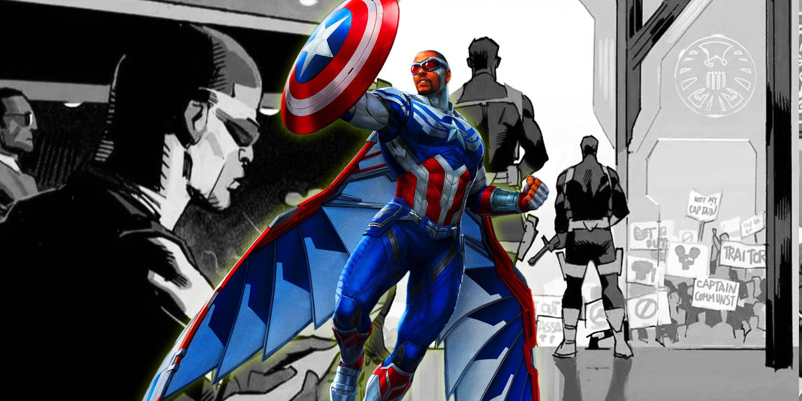 Sam WIlson as Captain America with Protests seen behind him and himself standing before a podium