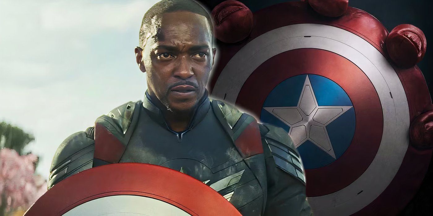 Sam Wilson Captain America in front of the poster that sees Red Hulk holding his shield