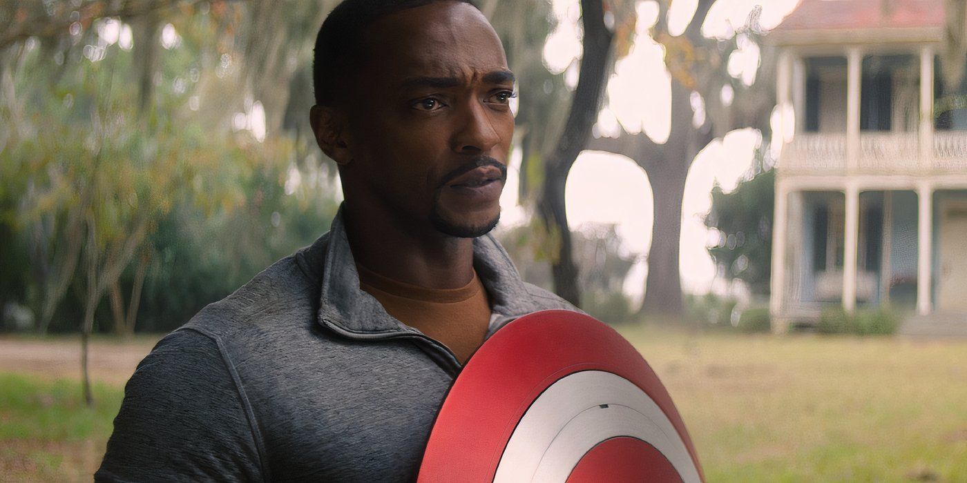 Anthony Mackie as Sam Wilson holding Captain America's shield at Falcon and the Winter Soldier