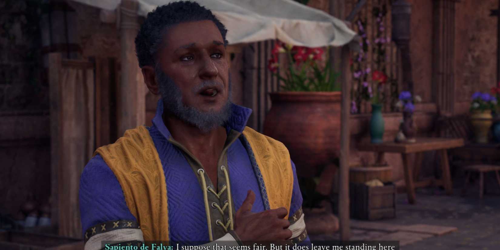 Sapiento in Avowed gesturing to himself