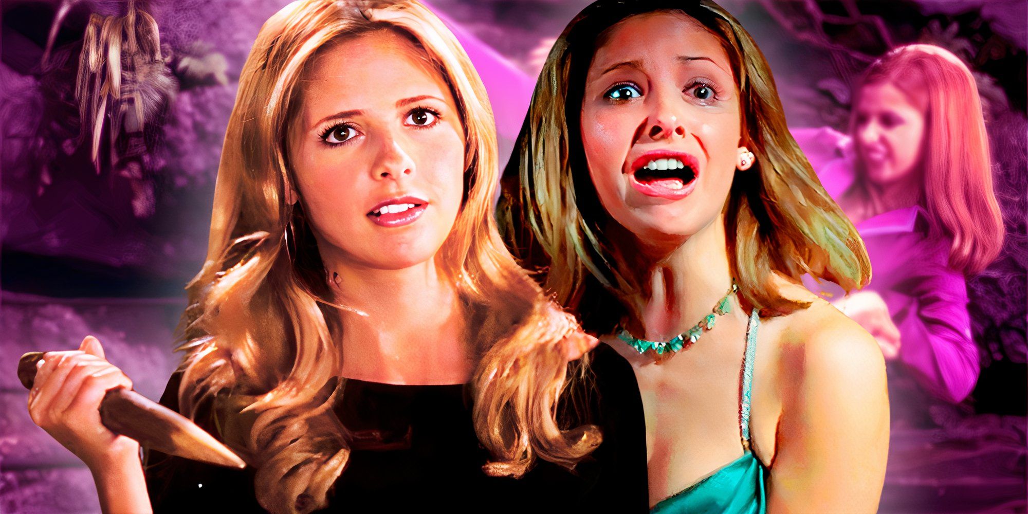 Sarah Michelle Gellar as Buffy, and as Helen in I Know What You Did Last Summer and Daphne in Scooby Doo (2002) in the background