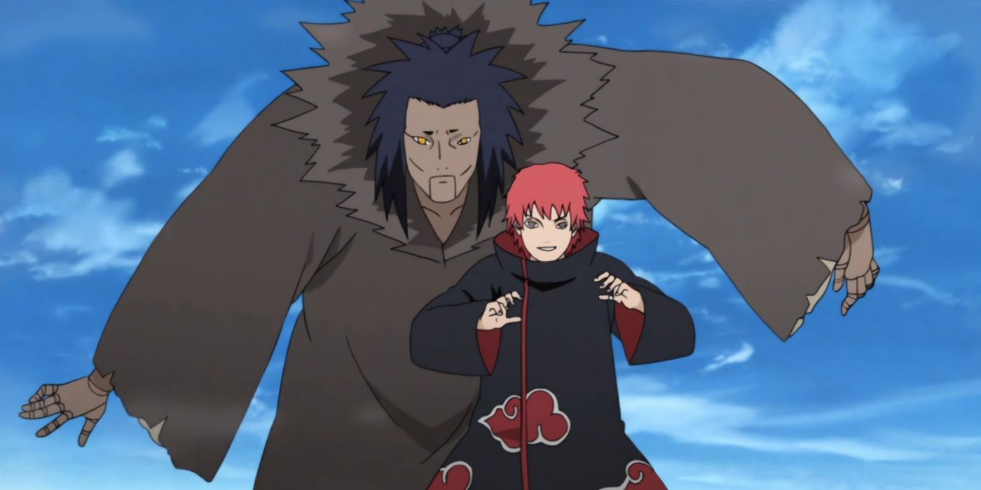 Sasori and his third Kazekage puppet prepared to fight an opponent. 