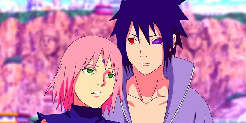 Sasuke holding Sakura, who seems tired and about to pass out. Behind them, the city of Konoha can be seen.