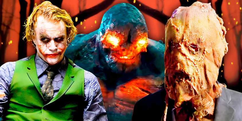 Split image of The Dark Knight's Scarecrow and Joker and the DCEU's Doomsday on a red background