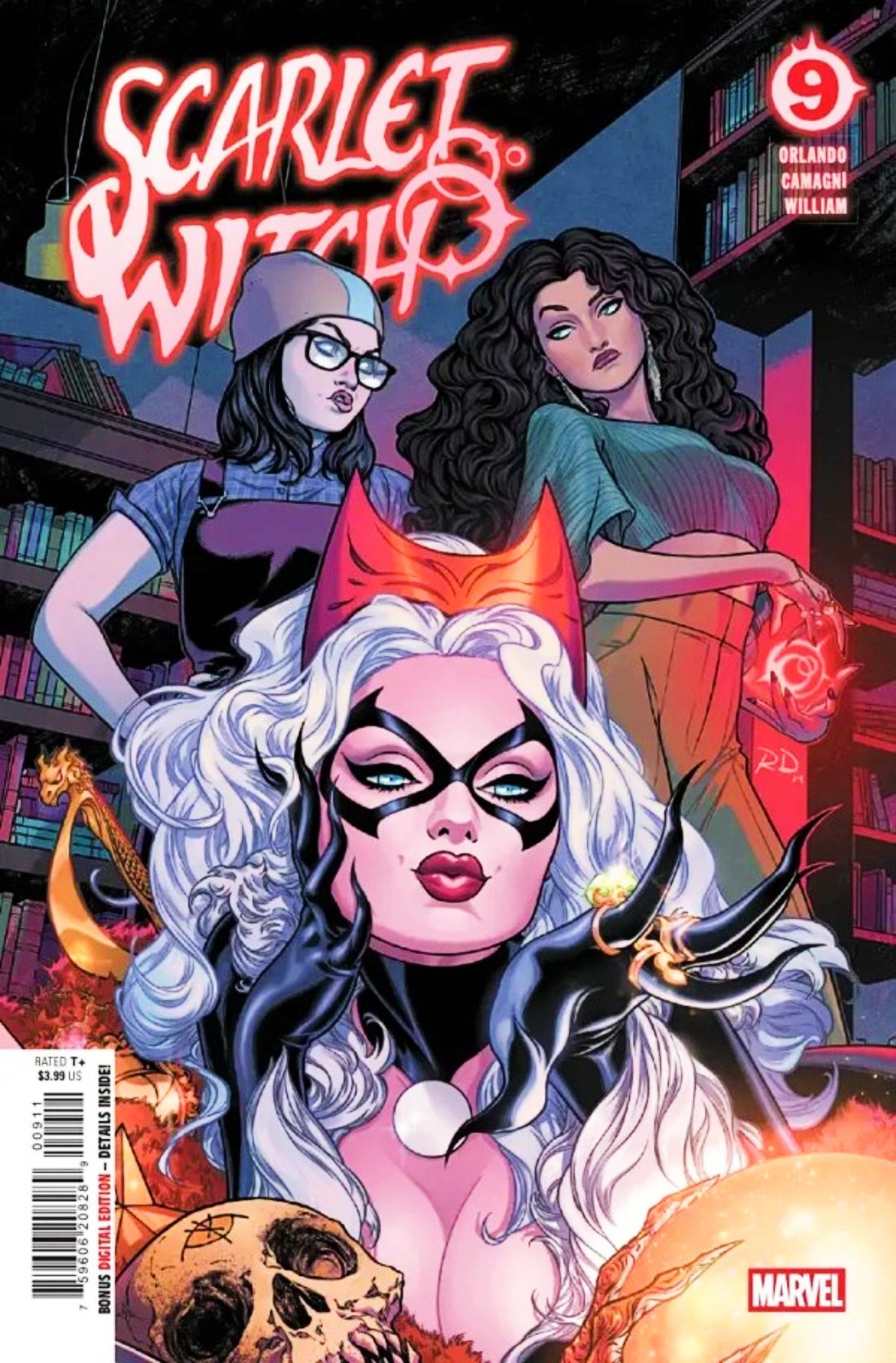 Capa Scarlet Witch #9, gato preto em uma fantasia de diabo em frente a Wanda e seu companheiro