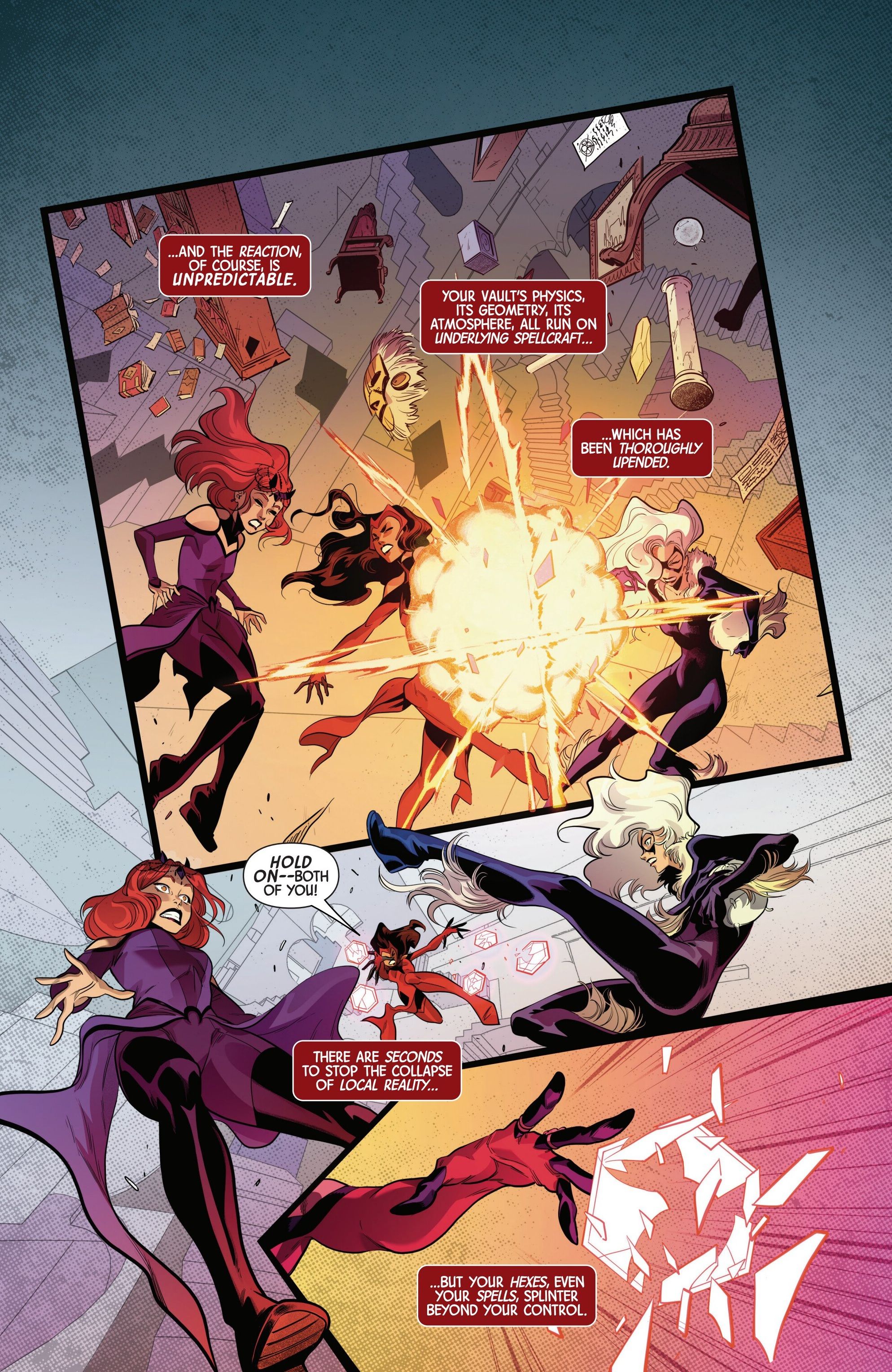 Black Cat disrupts the Scarlet Witch's power.