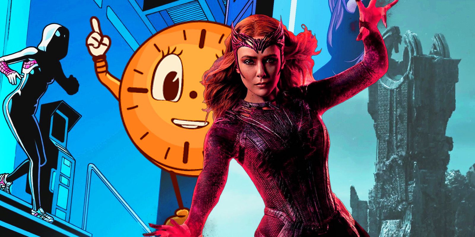 Scarlet Witch with miss minutes behind her and spidergwen searching the secret room