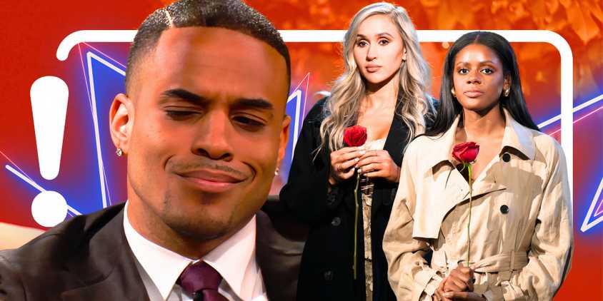 up close image of The Bachelor Season 29’s Grant Ellis looking confused with Dina and Serefina in the background holding roses