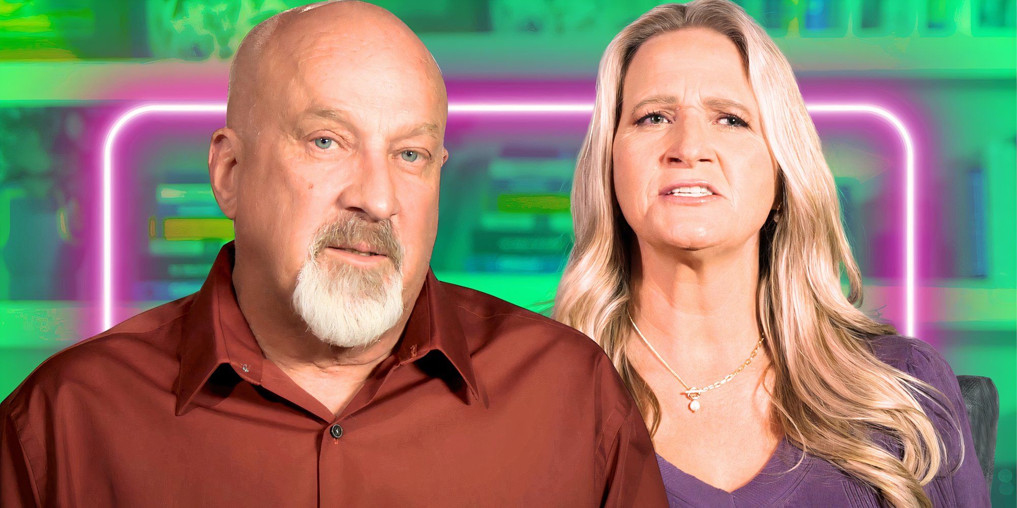 side by side image of Sister Wives David Woolley and Christine Brown with neon accent