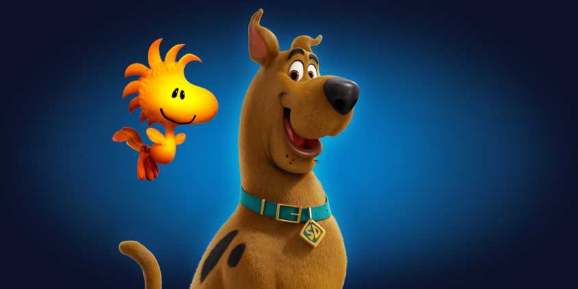 Scooby-Doo (CGI model) stands against a backdrop of blue, with Woodstock (CGI model from the Peanuts movie) floating behind him.
