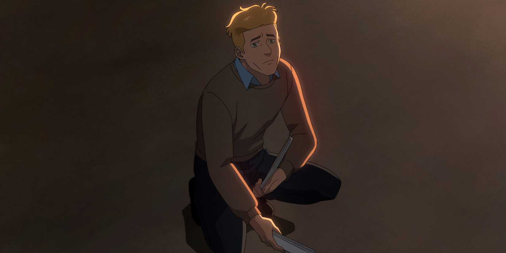 Scott Duvall (Powerplex) looking up sadly while holding papers in Invincible