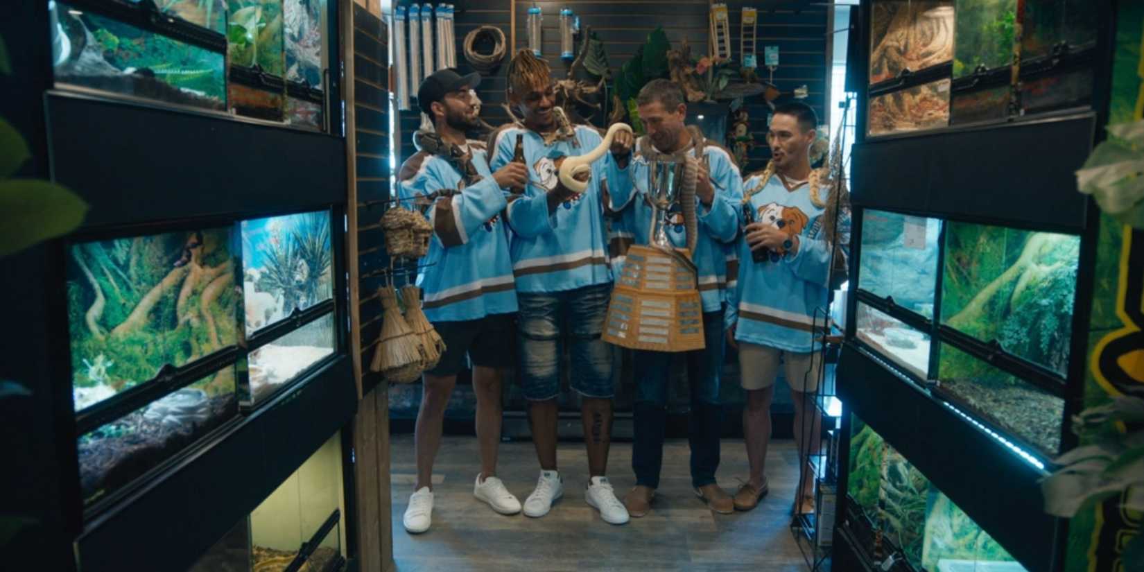 The Bulldogs celebrating at Northern Exotics in season 4 of Shoresy