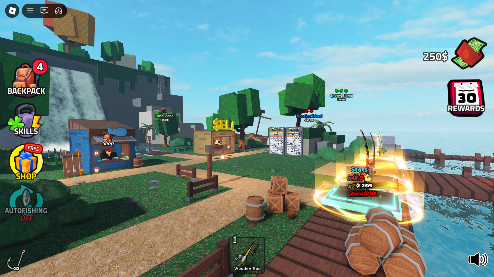 Roblox Go Fishing screenshot of the main town where players load in