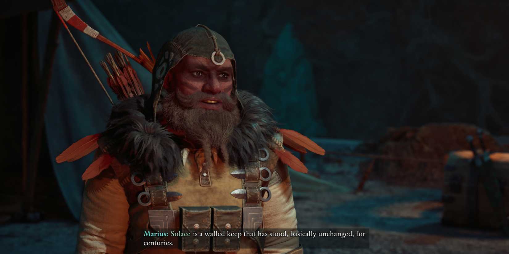 Marius talking to the Envoy at camp in Avowed