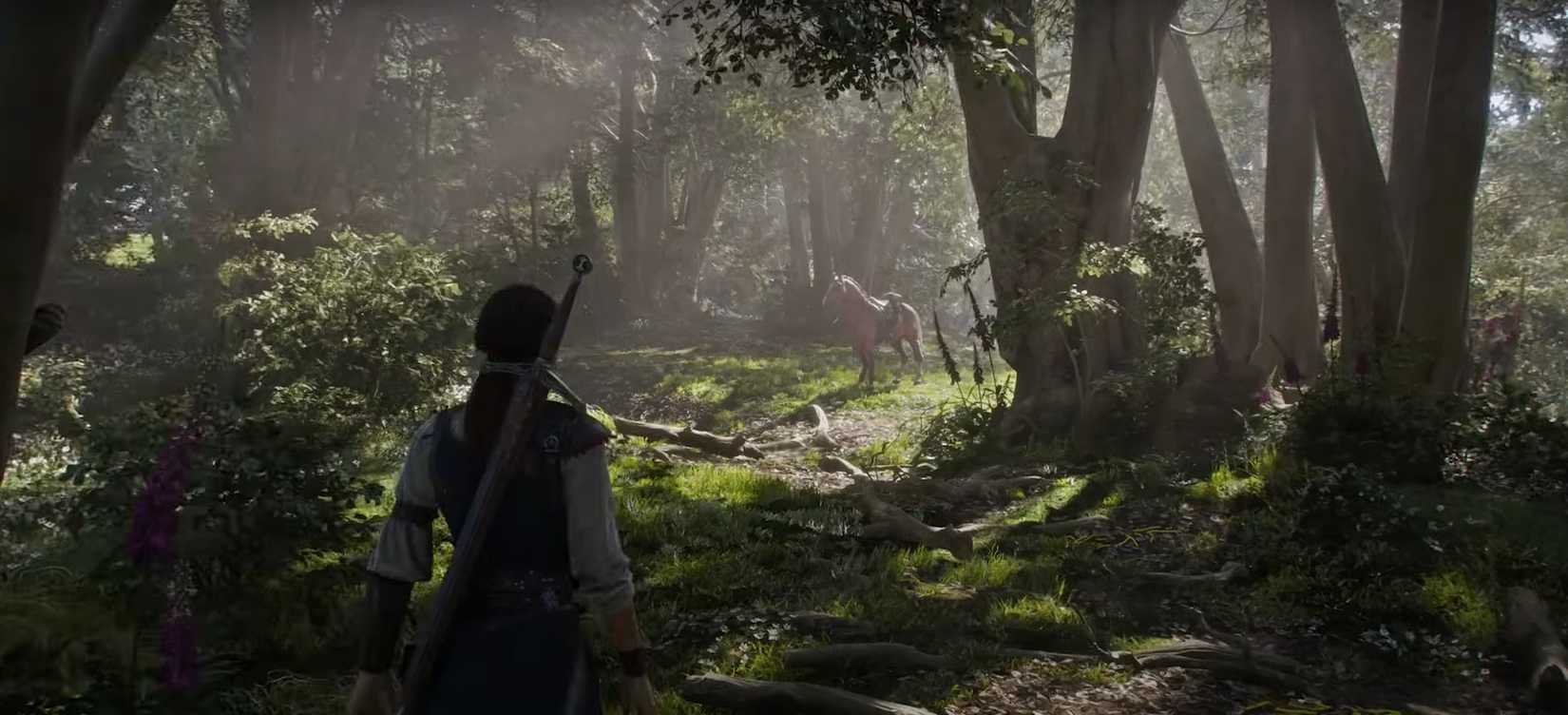 Screenshot from the Fable Gameplay footage showing the main character in a brightly lit forest with a horse standing in the clearing.